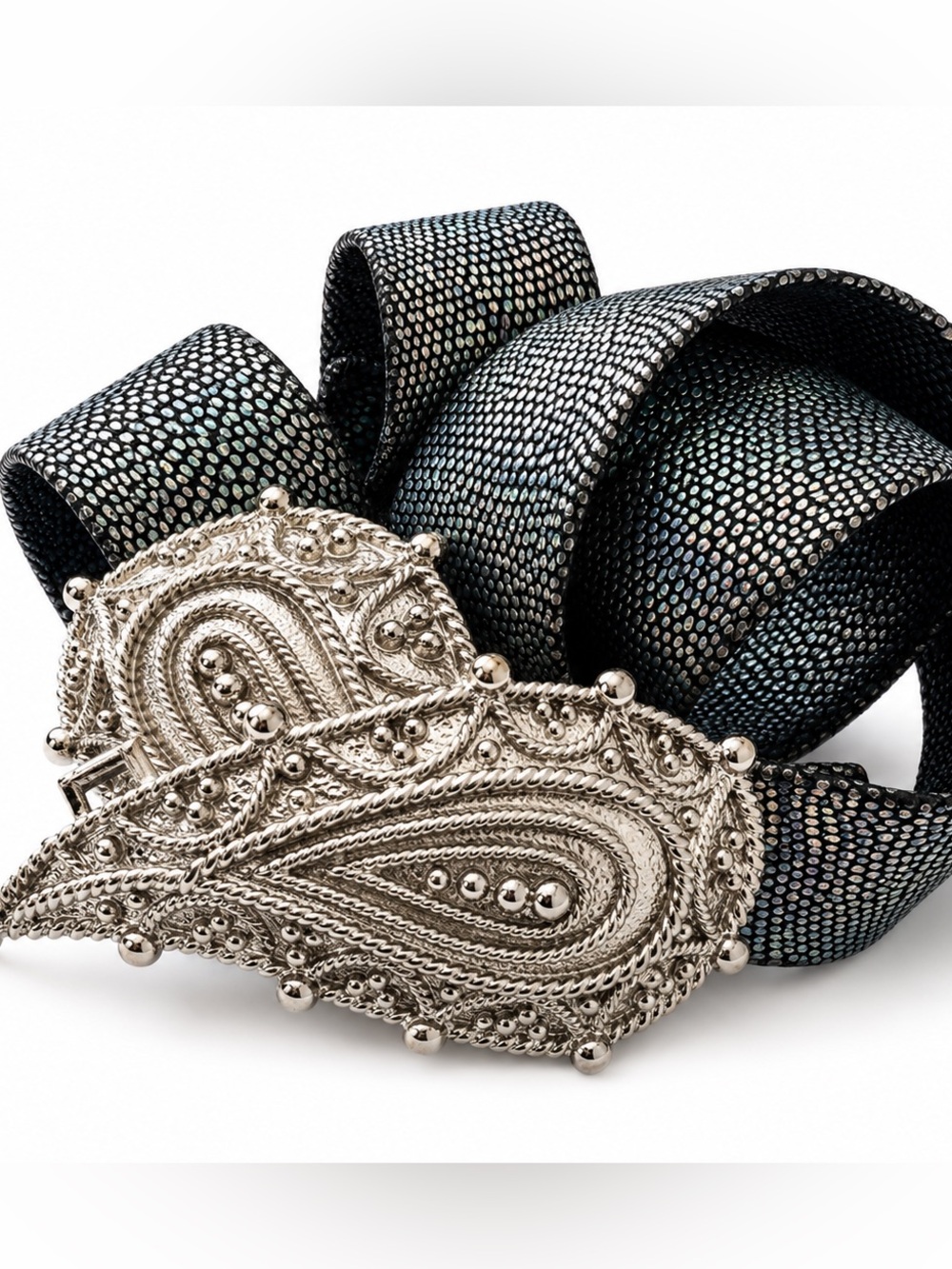 MIMI DI N NISCEMI VINTAGE 1984 COUTURE PAISLEY ORNATE FILIGREE SILVER GLAM BELT